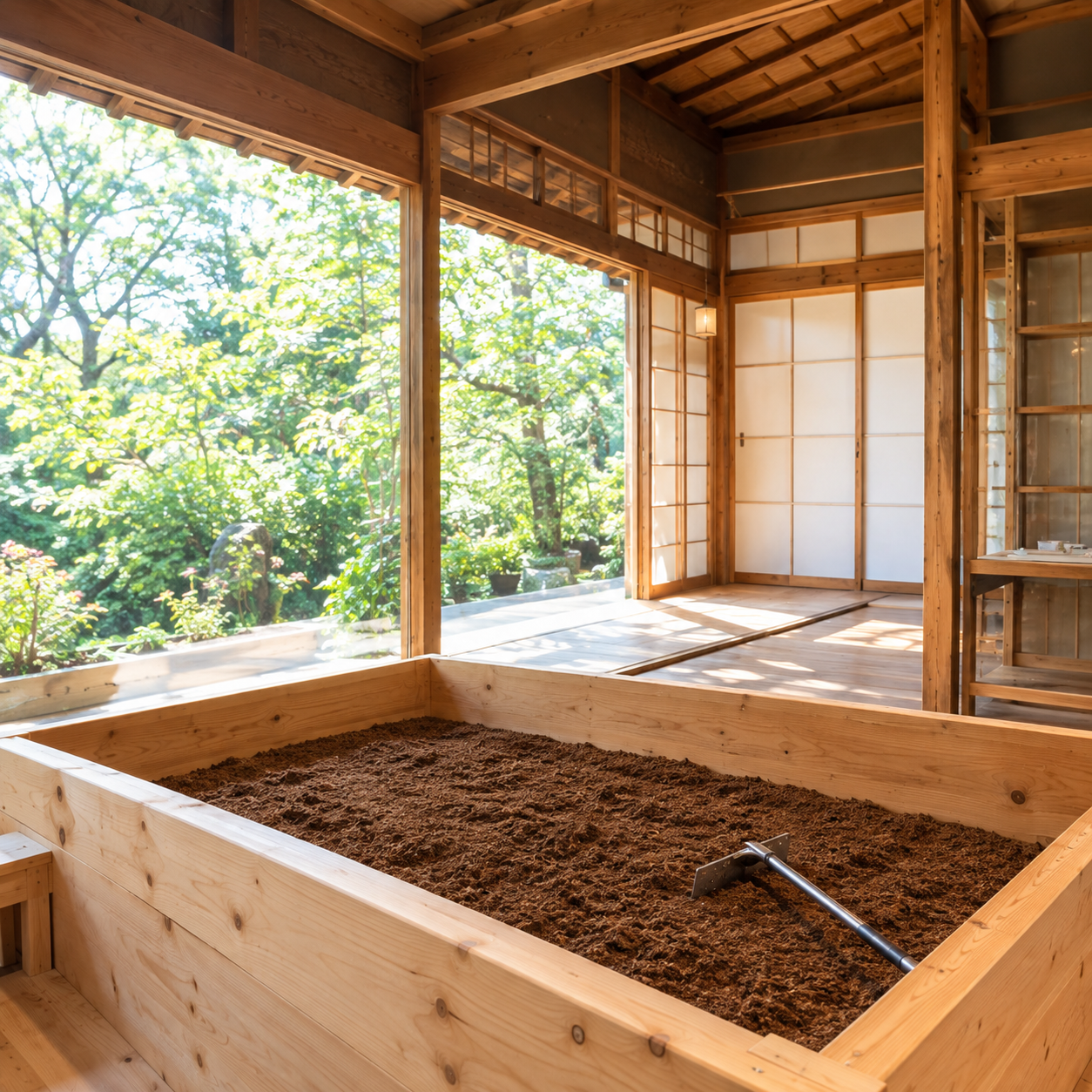 庭の緑と木漏れ日を望む和室に置かれた、木製の酵素風呂